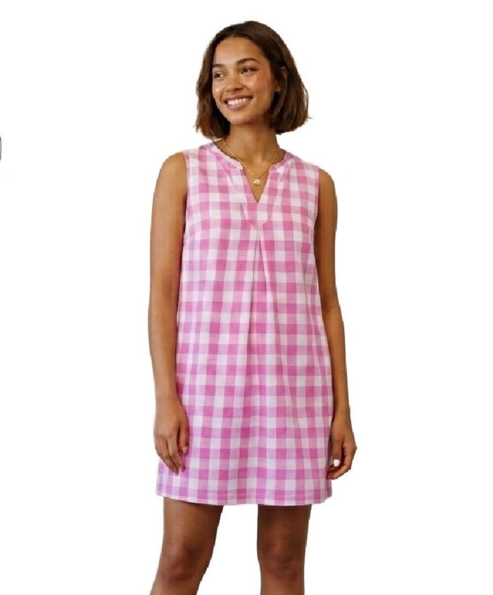 JOULES Jillian Linen Cotton Shift Mini Dress Size 4 Pink White Gingham V-Neck
